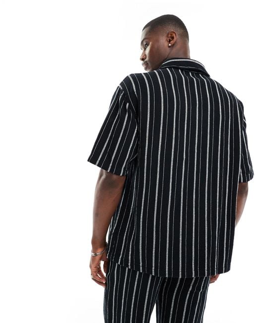 Bershka Black Textured Stripe Co-ord Shirt for men