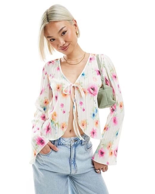 Pieces White Plisse Long Sleeve Tie Front Top