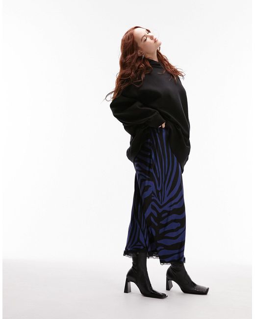 TOPSHOP Black Curve Zebra Print Satin Midi Skirt