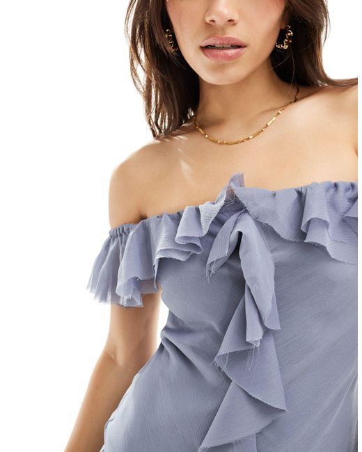 ASOS Blue Frill Bardot Bias Cut Maxi Dress