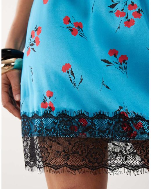 ASOS Blue Lace Trim Satin Mini Skirt