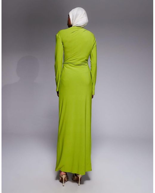 ASOS Green Draped High Neck Twist Waist Maxi Dress With Long Sleeve