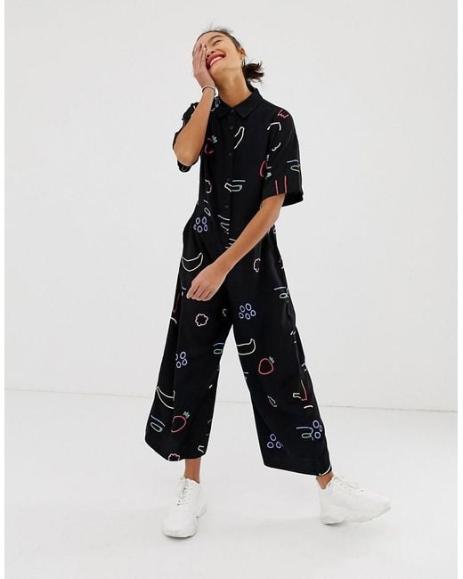 Lazy Oaf Black Relaxed Jumpsuit In Fruit Print