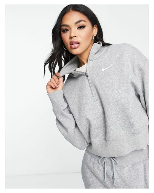Nike Phoenix Fleece Cropped Quarter Zip Sweatshirt in Grey
