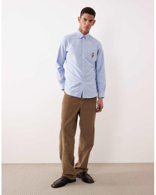Polo Ralph Lauren Blue Heritage Bear Logo Custom Fit Oxford Shirt