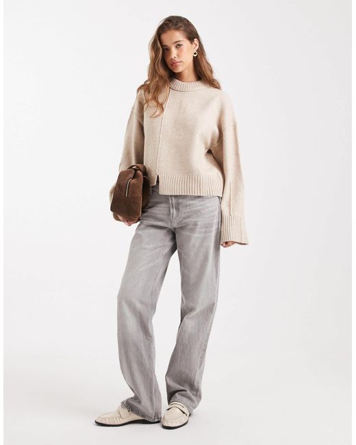 ASOS Natural Crew Neck Jumper With Seam Front Detail And Stepped Hem