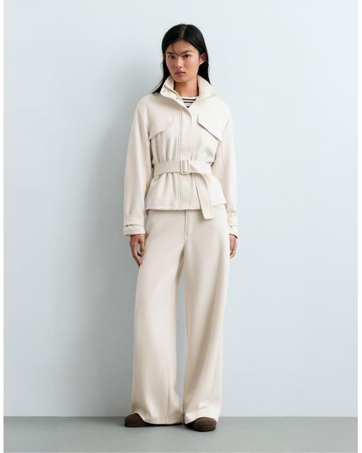 Oysho White Belted Jacket With Pockets