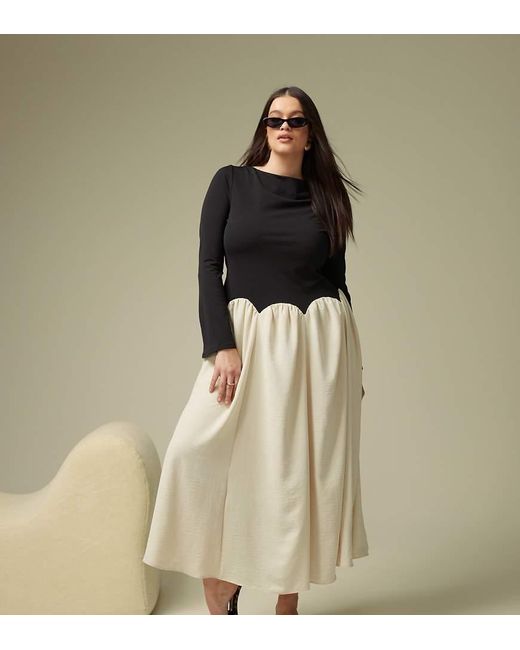 ASOS Natural Asos Design Curve Long Sleeve Scallop Detail Full Skirt Colourblock Midi Dress