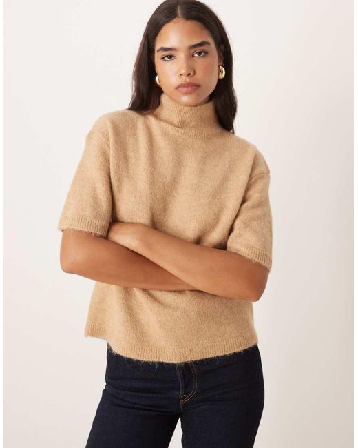 Gina Tricot Natural Short Sleeve Funnel Neck Knitted Wool Alpaca Top