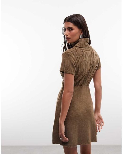 Daisy Street Brown High Neck Knit Mini Dress With Tie Pom Poms
