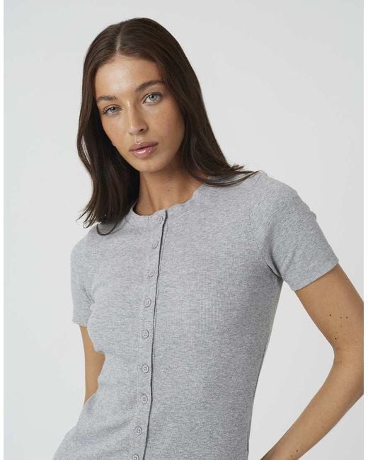 Brave Soul Gray Cotton Rich Short Sleeve Button Down Top