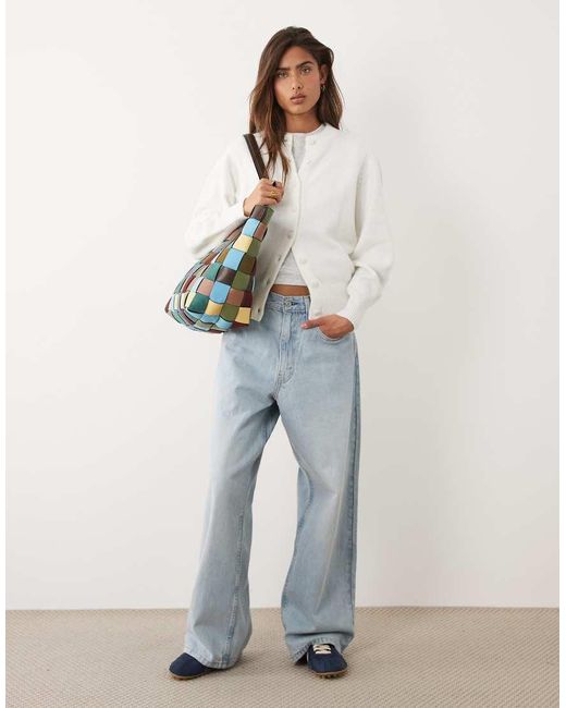 ASOS White Waisted Crew Neck Cardigan With Wool With Covered Buttons
