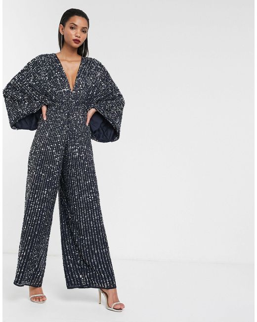 ASOS Blue – jumpsuit mit paillettenbesatz, kimonoärmeln und weitem bein