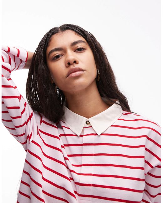 TOPSHOP Red Stripe Long Sleeve Polo Top