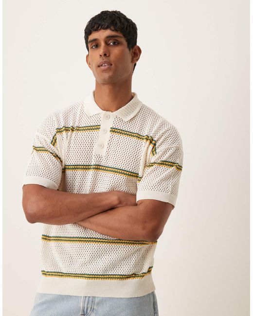 ASOS Natural Relaxed Airtex Stripe Knitted Polo for men