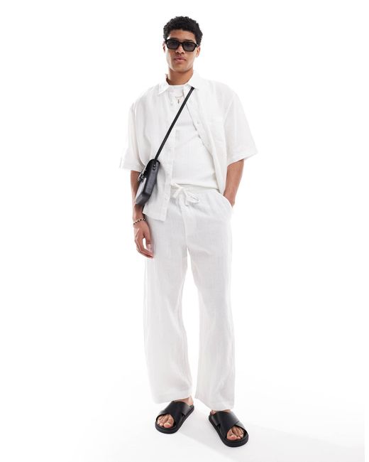 Pull&Bear White 100% baggy Linen Pants for men