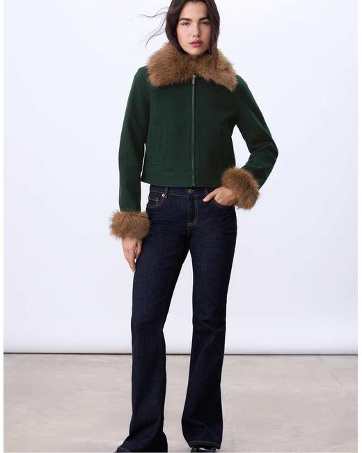 Stradivarius Green Jacket With Faux Fur Detail