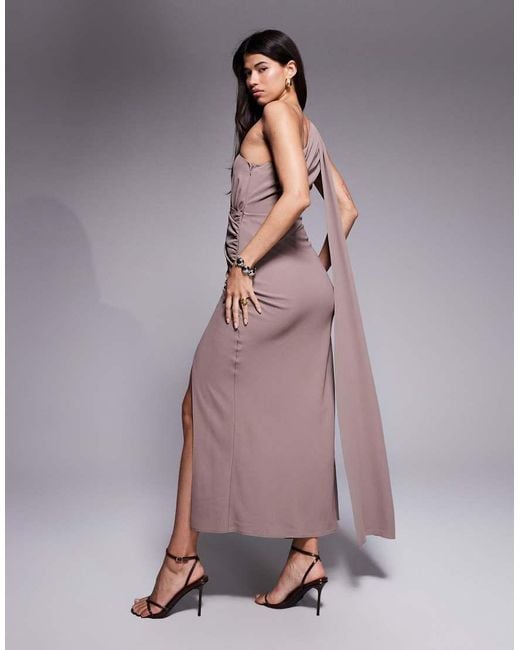 ASOS Brown Asymmetric One Shoulder Crepe Maxi Dress With Gold-tone Trim Detail