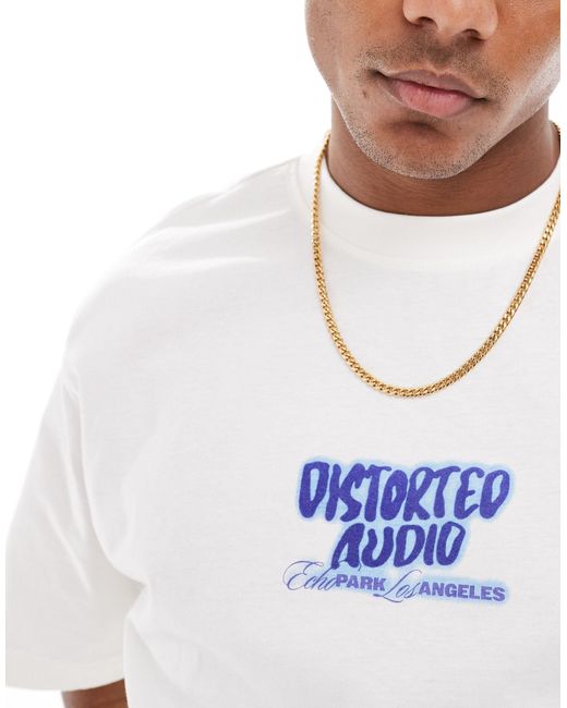 T-shirt comoda bianca con stampa a distorta sul retro di Only & Sons in Blue da Uomo
