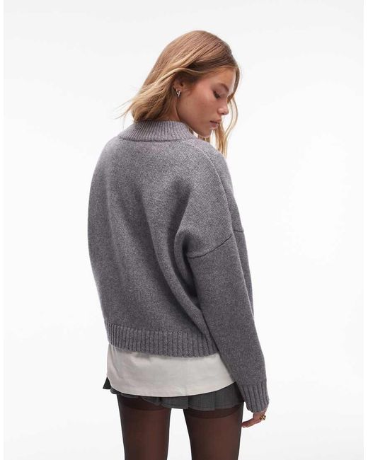 TOPSHOP Gray Knitted Premium 100% Lambswool V-neck Relaxed Jumper