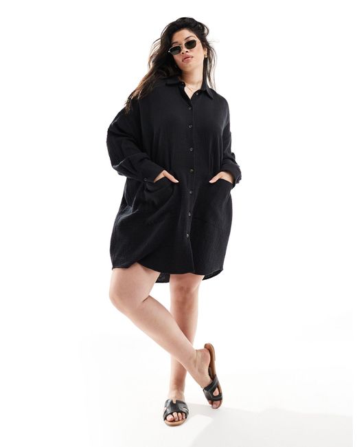 ASOS Black Asos Design Curve Double Cloth Oversized Shirt Dress With Dropped Pockets