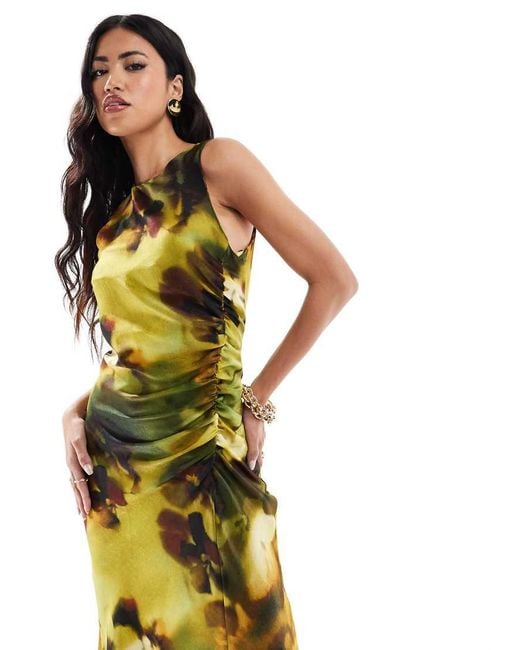 River Island Green Floral Print Ruched Midi Dress