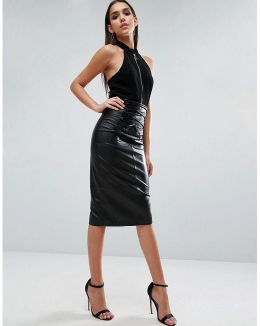 ASOS Black Leather Skirt With High Waist Corset Detail