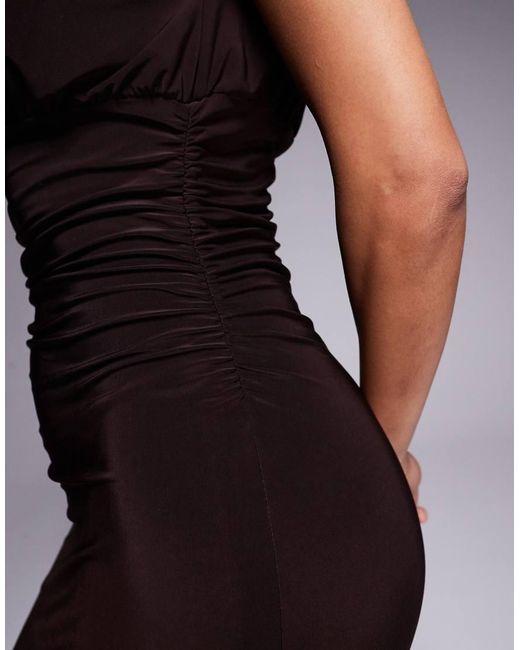 Fashionkilla Blue Exclusive Double Sculpted Slinky Sleeveless Asymmetric Neck Ruched Bodycon Maxi Dress