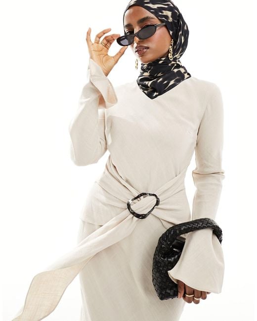 DASKA White Long Sleeve Maxi Dress With Fluted Hem And Belt Detail