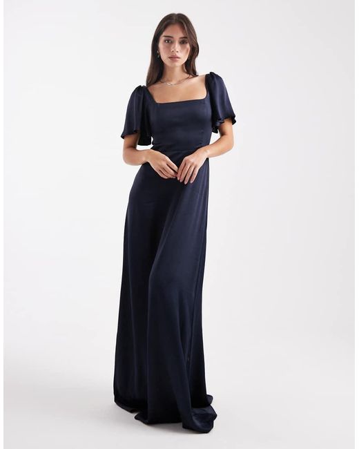 Maids To Measure Blue Bridesmaid Square Neck Flutter Sleeve Maxi Dress