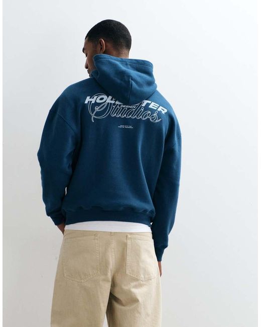 Hollister Blue Back Graphic Logo Boxy Fit Hoodie for men