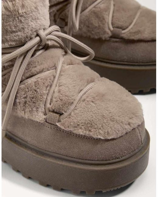 Oysho Brown Faux-Fur And Split-Leather Lace-Up Boots