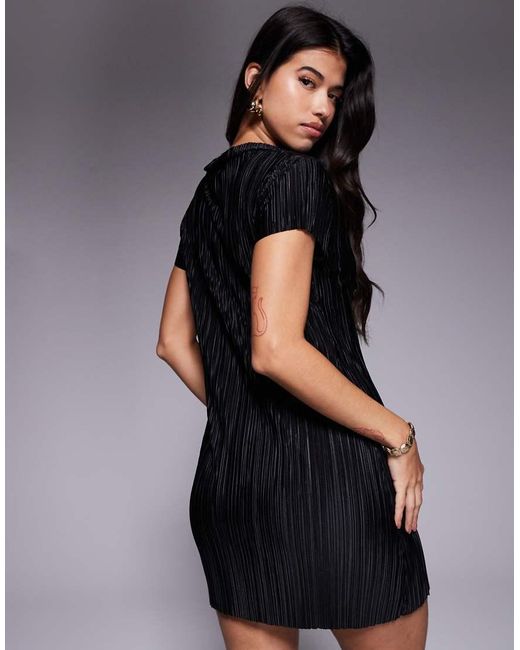 ASOS Black Plisse Short Sleeve Button Down Mini Dress