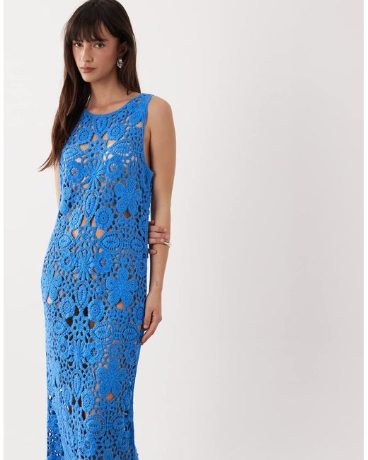 SNDY'S Blue Cotton Rich Flower Open Crochet Maxi Dress