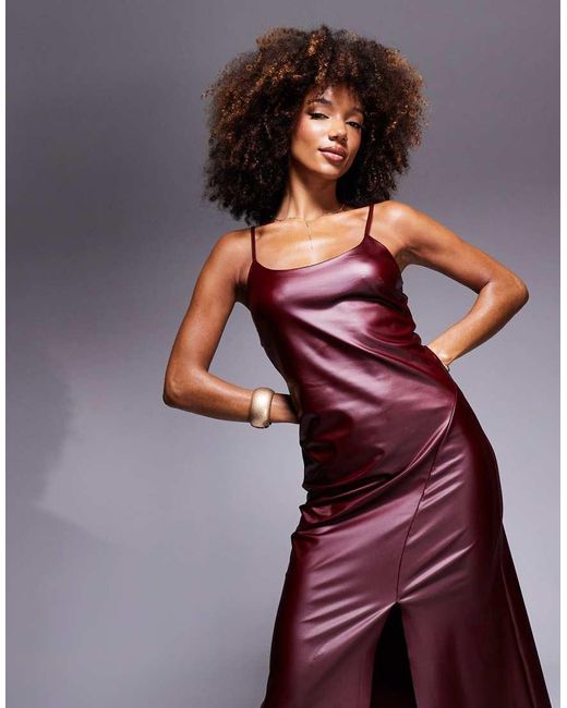 ASOS Faux Leather Cami Square Neck Midi Dress With Asymmetric Hem in Purple  | Lyst UK