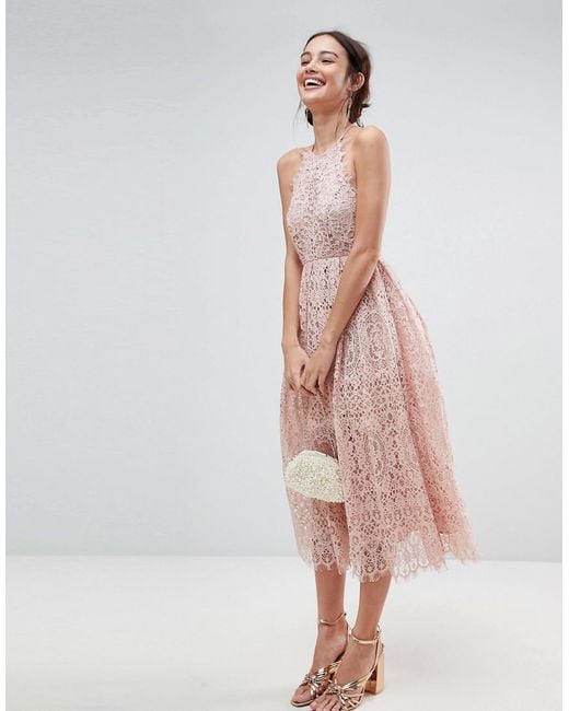 ASOS Pink Asos Lace Pinny Scallop Edge Midi Prom Dress