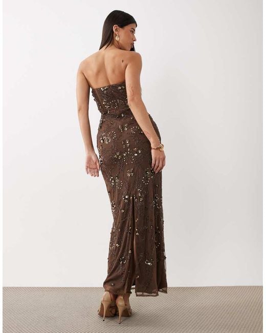 Beauut Brown Embellished Corset Strapless Slit Back Maxi Dress