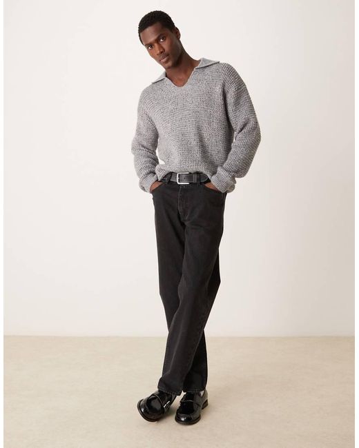 Mango Gray Wide V-neck Collar Chunky Knit Sweater for men