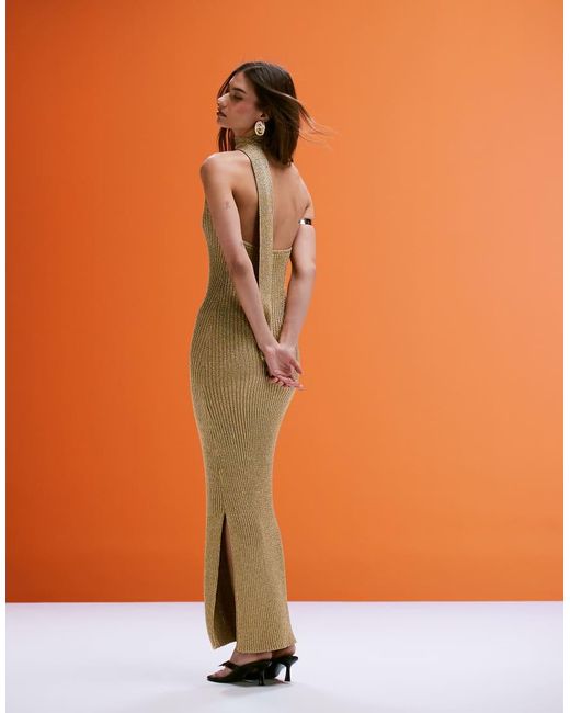 Aria Cove Orange Metallic Knitted Halterneck Scarf Detail Side Split Maxi Beach Dress