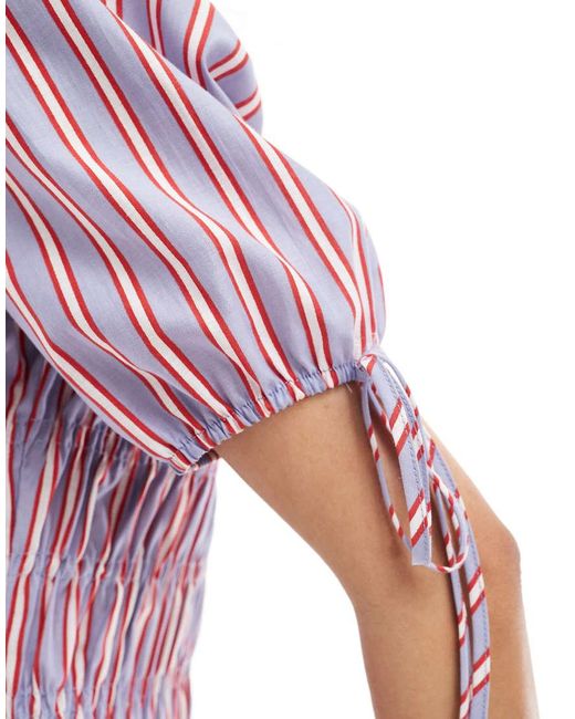 ASOS Gestreepte Top Met Pofmouwen En Smokwerk in het Pink