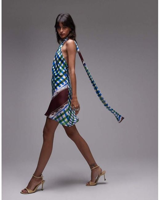 TOPSHOP Gray Satin Tie Neck Mini Dress