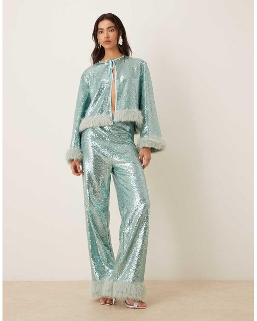 Sister Jane Green Disco Darling Sequin Faux Fur Trim Trouser Co-ord