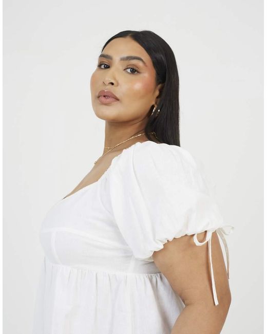 Brave Soul White Curve Cotton Puff Sleeve Mini Dress