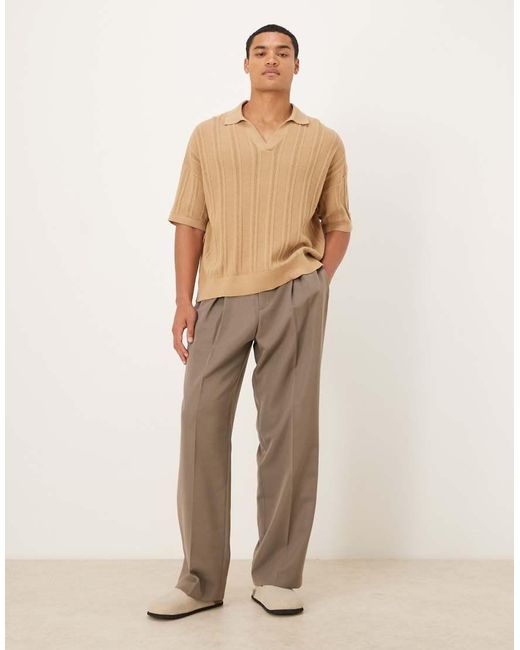 ASOS Brown Oversized Knitted Rib Notch Neck Polo for men