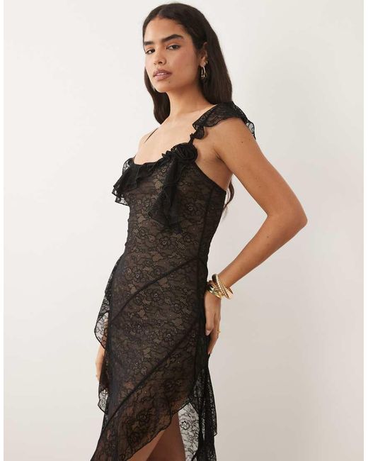 I.AM.GIA Black Julietta Georgette Lace Ruffle Detail Asymmetric Hem Maxi Dress