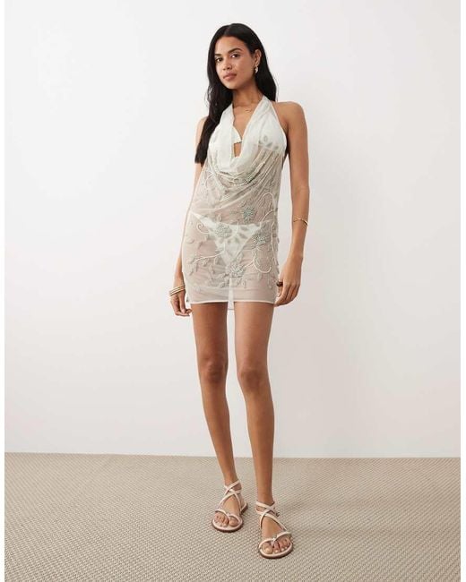 Miss Selfridge Natural Beach Beaded Cowl Neck Mini Dress