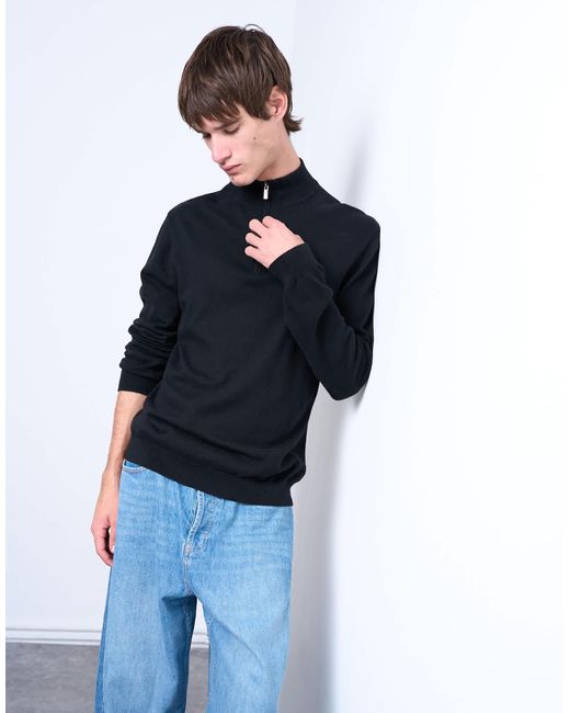Topman Black Essential Knitted 1/4 Zip Funnel for men