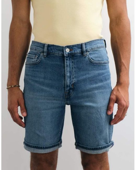 Mango Blue Rolled Hem Denim Shorts for men