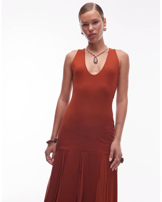 ASOS Red Scoop Neck Maxi Dress With Sheer Godet Skirt