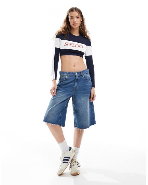 Speedo Blue Swim Tops Colourblock Long Sleeve Crop Rash Top